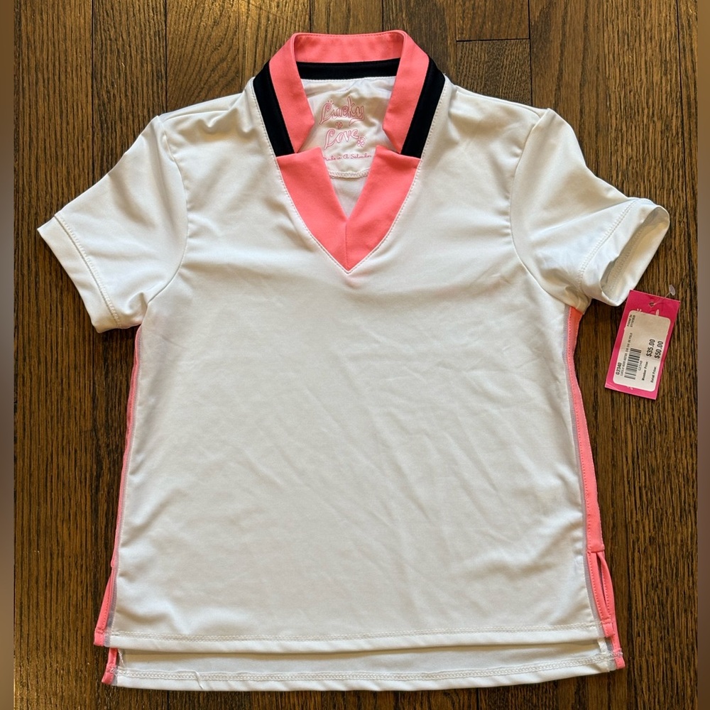 Lucky in Love Girls Tennis/Golf Short Sleeve Top- Size S (7/8)- NWT